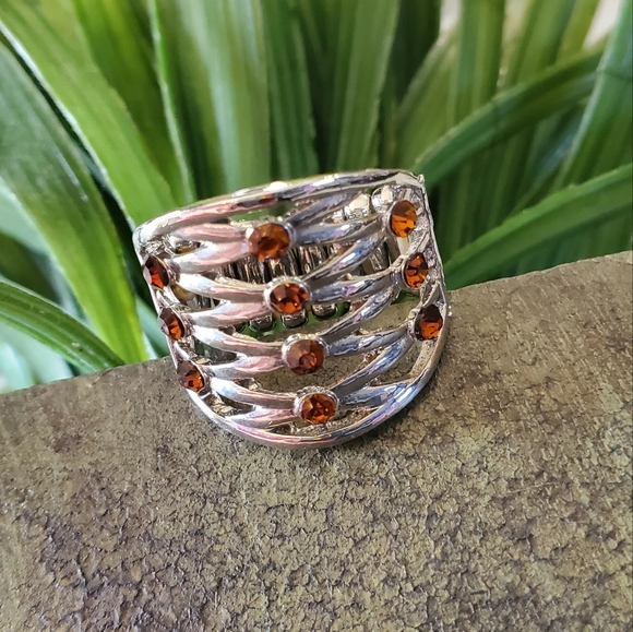 Silver Tone Adjustable Band Ring with Orange Brown Jewels 💥3 for $24💥 - Picture 12 of 15